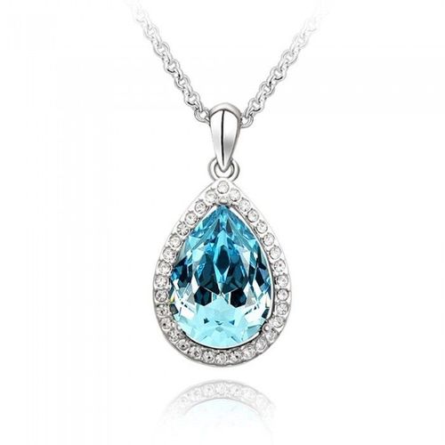 Collier 2 Gouttes Ovales Strass Argenté Femme Couleur Bleu Turquoise