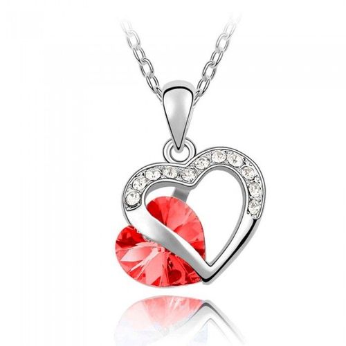 Collier Double Coeurs Strass Argenté Femme Couleur Rouge
