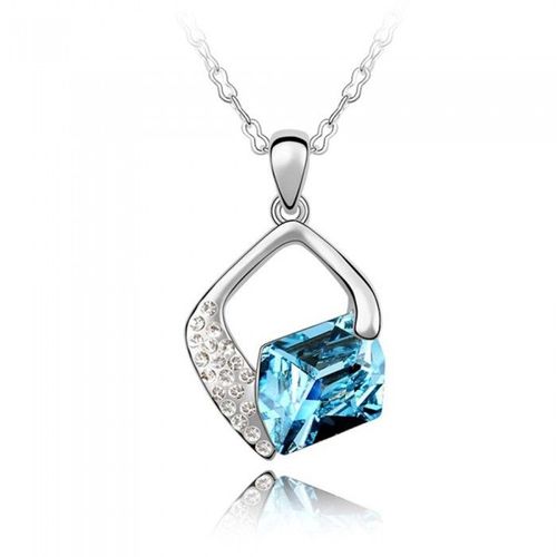 Collier Strass Carré Argenté Femme Couleur Bleu Turquoise