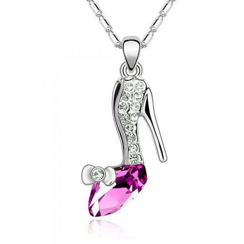 Collier Chaussure Escarpin Strass Argenté Femme Couleur Rose