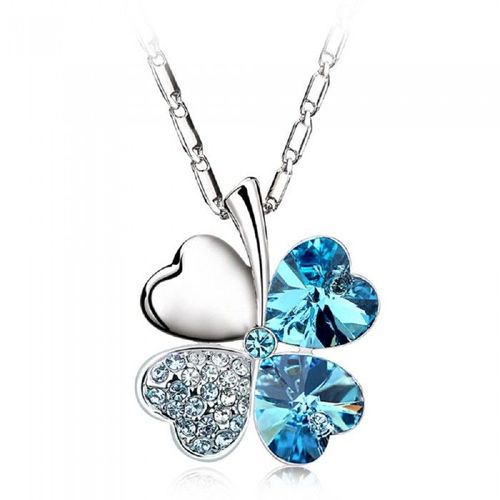 Collier Trèfle De Coeurs Strass Argenté Femme Couleur Bleu Turquoise