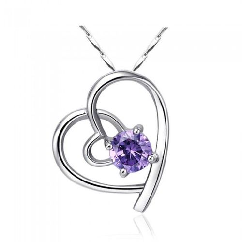 Collier Coeur Oxyde De Zirconium En Son Centre Argenté Femme Couleur Violet