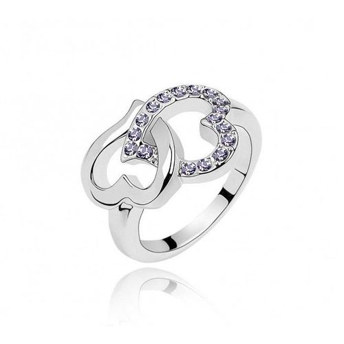 Bague 2 Coeurs Strass Violet Argentée Femme
