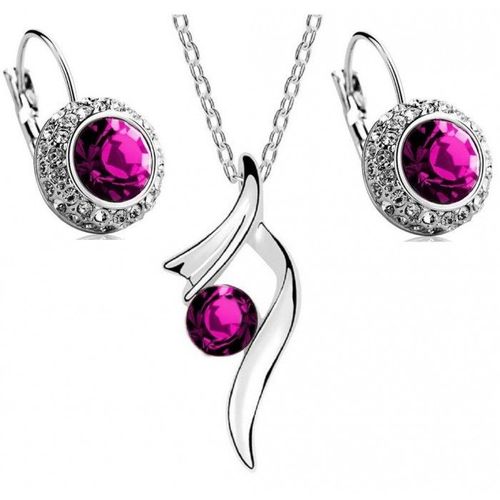 Parure Bijoux Strass Pendant Boucles D'oreilles Dormeuses Argentée Femme Couleur Rose