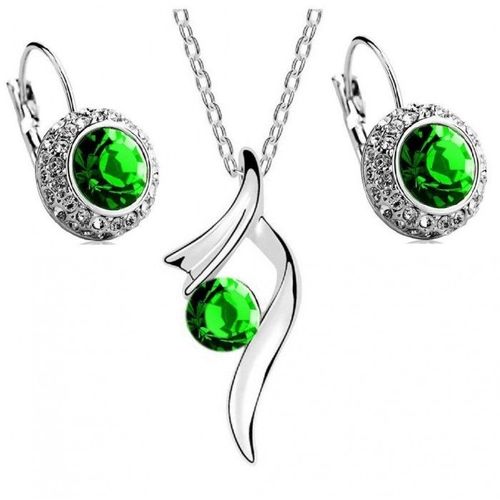 Parure Bijoux Strass Pendant Boucles D'oreilles Dormeuses Argentée Femme Couleur Vert