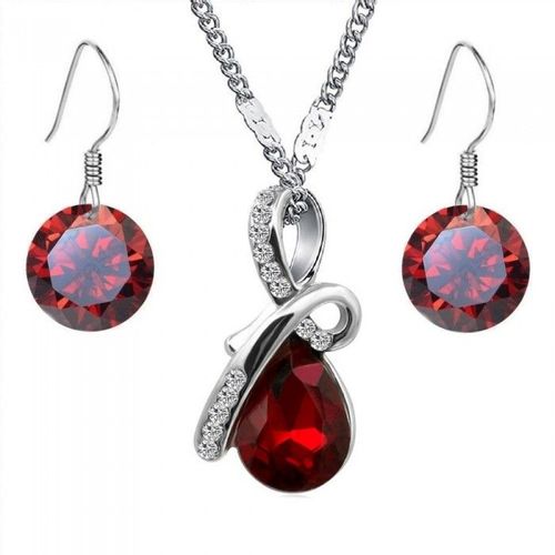 Parure Bijoux Goutte D'eau Boucles D'oreilles Crochet Strass Pendant Argentée Femme Couleur Rouge