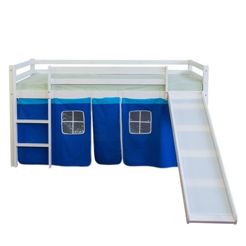 Lit Mezzanine 90x200cm Avec Échelle Toboggan En Bois Blanc Et Toile Bleu Lit06115