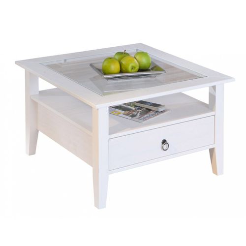 Natur - Table Basse Carrée Bois Massif Vernis Blanc Et Verre
