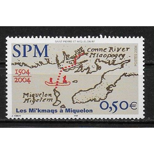 Saint-Pierre-Et-Miquelon 2004 : 500ème Anniversaire De L'arrivée Des Indiens Mi'kmaps À Miquelon : Carte Avec Trajet, Canoë - Timbre Neuf **
