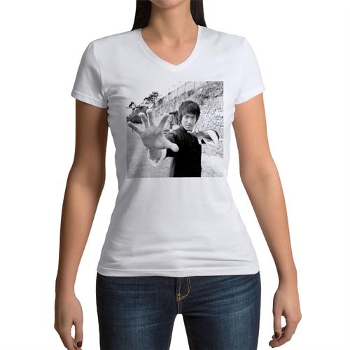 T-Shirt Femme Col V Bruce Lee Kung Fu Arts Martiaux Noir & Blanc Hong Kong