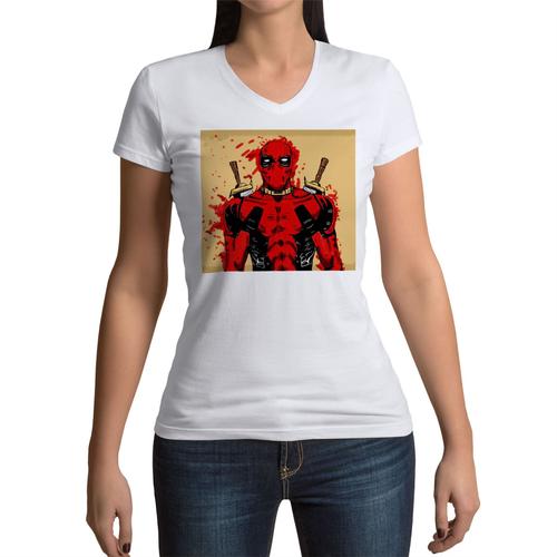 T-Shirt Femme Col V Deadpool Sang Dessin Comics Bd Epee Sabre