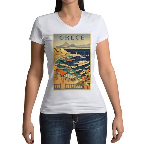 T-Shirt Femme Col V Grece Affiche Poster Vintage Tourisme Art Deco 30's