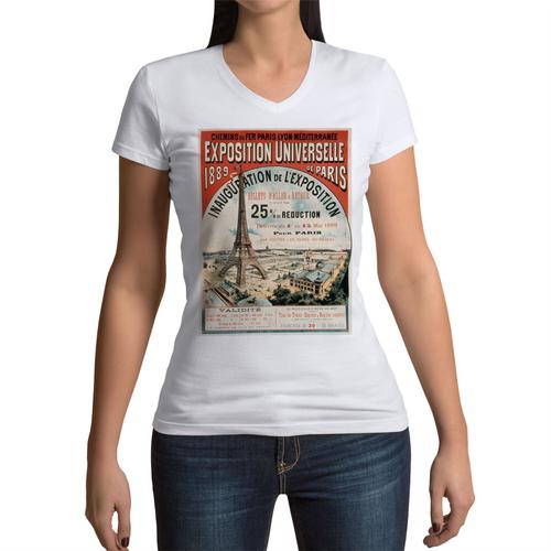 T-Shirt Femme Col V Exposition Universelle 1889 Paris Affiche Tour Eiffel Vintage