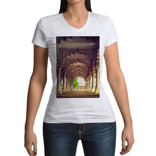 T-Shirt Femme Col V Fort Agra Monument Merveille De L'inde Batiment Ancient