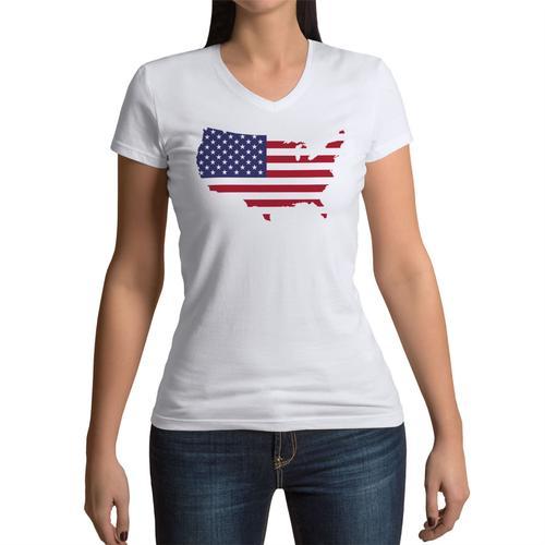 T-Shirt Femme Col V Drapeau Carte Etats Unis Football Sport Equipe National Usa