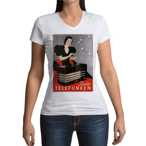 T-Shirt Femme Col V Radio Telefunken Art Deco Publicite Ancienne Vintage