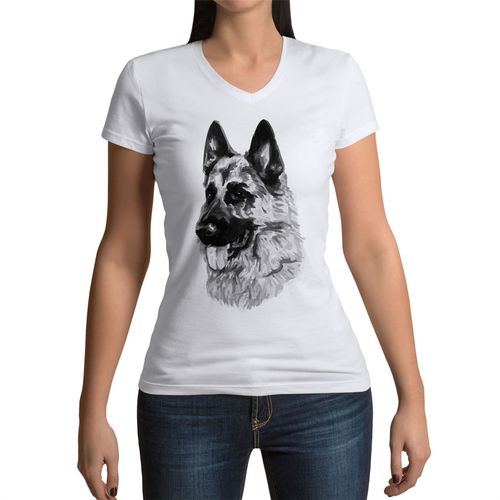T-Shirt Femme Col V Berger Allemand Gros Chien Art Encre Noir Et Blanc Mignon