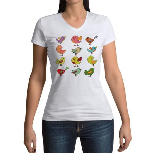 T-Shirt Femme Col V Oiseaux Multicolor Peinture Enfant Dessin Mignon