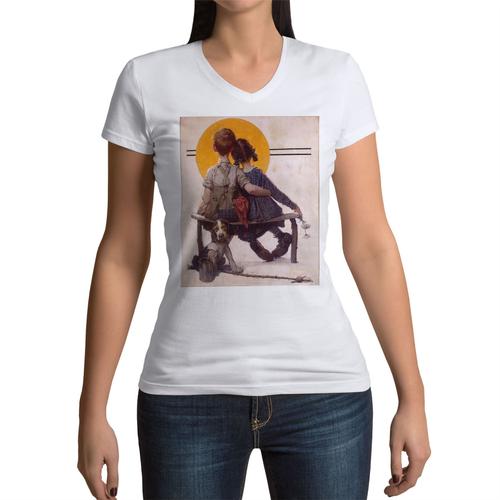 T-Shirt Femme Col V Fille Et Garcon Regardant La Lune Chiot Peinture Norman Rockwell