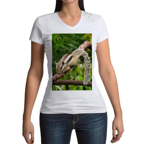 T-Shirt Femme Col V Écureuil Chipmunk Dans La Forêt Vie Sauvage Animal