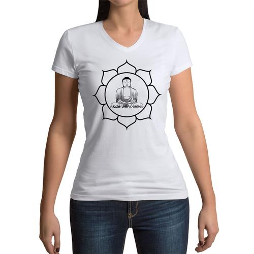 T-Shirt Femme Col V Buddha Lotus Meditation Bien Etre Buddhisme Mandala