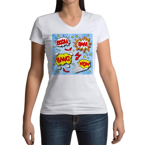 T-Shirt Femme Col V Bulles Bandes Dessinees Boom Bang Comics Super Hero