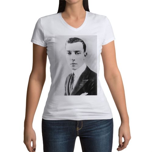 T-Shirt Femme Col V Buster Keaton Acteur Hollywood Retro Portrait Vintage