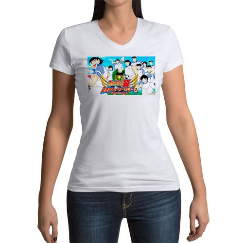 T-Shirt Femme Col V Olive Et Tom Captain Tsubasa Manga Cartoon Japon Football