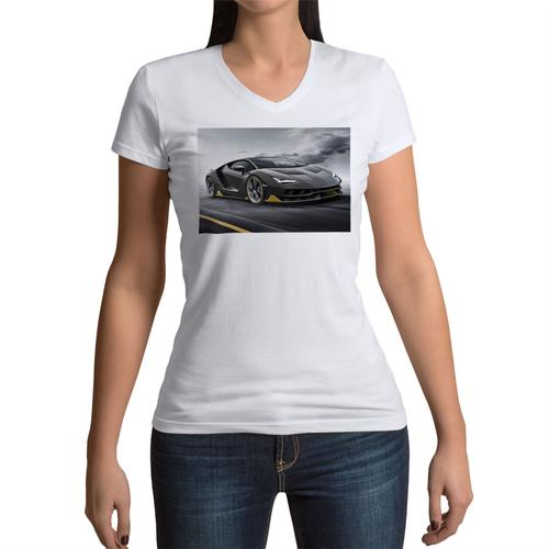 T-Shirt Femme Col V Voiture Italienne Supercar Luxe Sport Course Noir