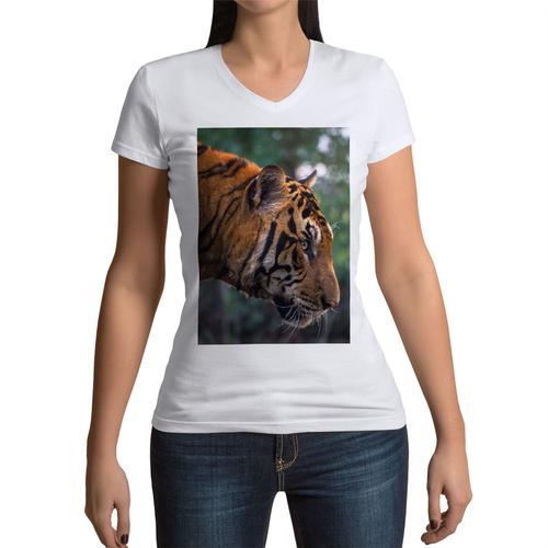 T-Shirt Femme Col V Tigre À L'affût Scène De Chasse Nature Sauvage Vie Animale