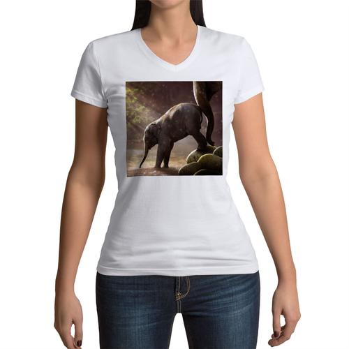 T-Shirt Femme Col V Bebe Elephant Et Sa Maman Riviere Photo Nature Mignon