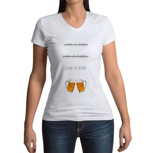 T-Shirt Femme Col V J'aime La Biere Pas Les Brunes Pas Les Blondes Humour Alcool