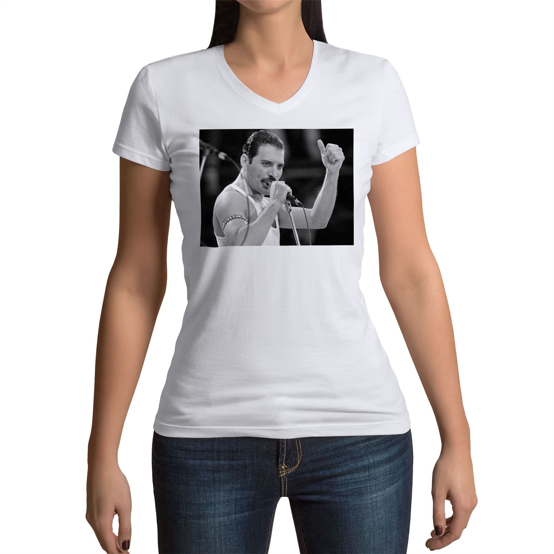 T-Shirt Femme Col V Queen Freddy Mercury Wembley Rock 80's Noir Et Blanc