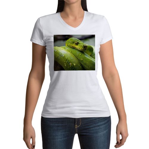 T-Shirt Femme Col V Python Vert Sublime Serpent Photo Nature Sauvage Reptile