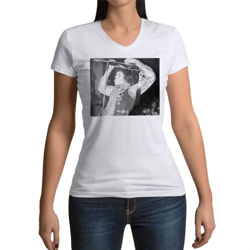 T-Shirt Femme Col V Jimi Hendrix Live Concert 70's Guitare Vintage