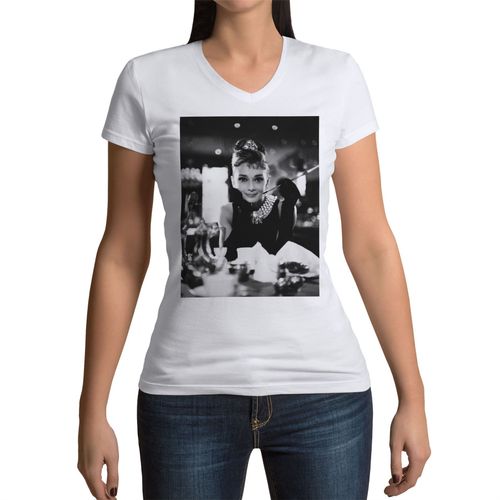T-Shirt Femme Col V Audrey Hepburn / Photo Noir Et Blanc / Sourire Captivant