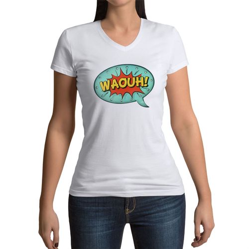 T-Shirt Femme Col V Bulles Bandes Dessinees Waouh Comics Super Hero