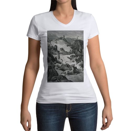T-Shirt Femme Col V Les Animaux Malades Et La Peste Fable Lafontaine Gustave Dore Gravure
