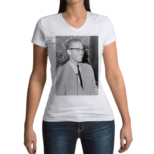 T-Shirt Femme Col V Malcolm X Activiste Droits De L'homme Portrait Vintage