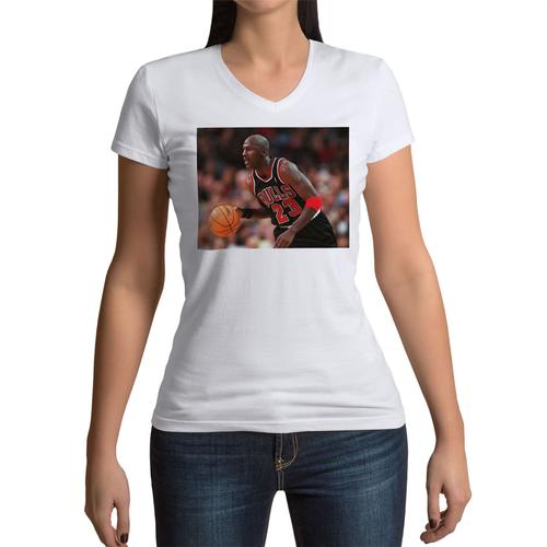 T shirt Femme Col V Michael Jordan Maillot Noir Chicago Bulls Goat