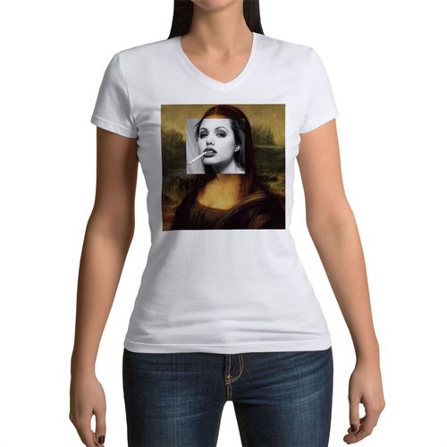 T-Shirt Femme Col V Mona Lisa Angelina Jolie Peinture Montage