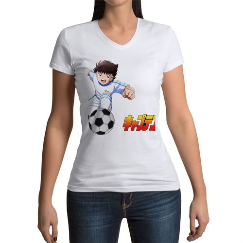 T-Shirt Femme Col V Olive Et Tom Captain Tsubasa Manga Cartoon Nouveau Football