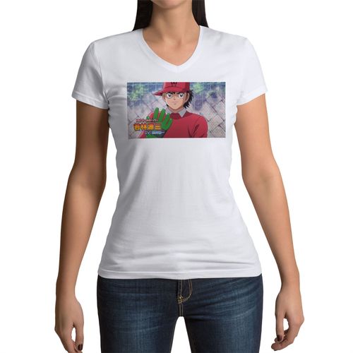 T-Shirt Femme Col V Olive Et Tom Gardien Captain Tsubasa Manga Cartoon Football