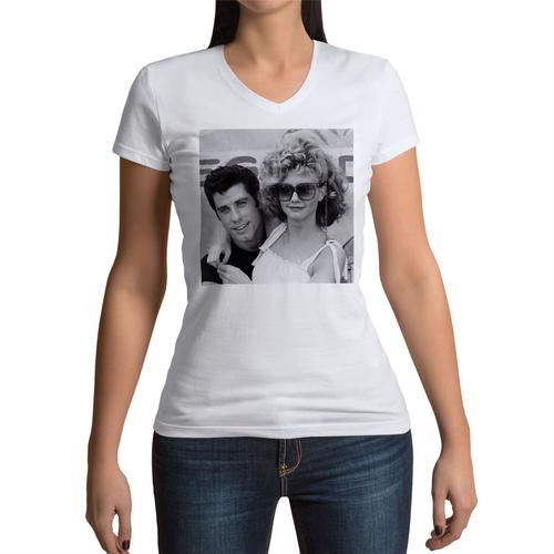 T-Shirt Femme Col V John Travolta Olivia Newton Celebrites 1978 Star Cinema