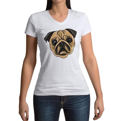 T-Shirt Femme Col V Carlin Pug Petit Chien Dessin Art Mignon