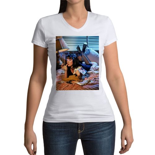T-Shirt Femme Col V Uma Thurman Pulp Fiction Cigarette Tarantino Actrice Cinema