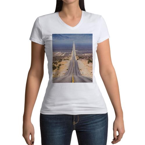 T-Shirt Femme Col V Route 66 Etats Unis Bikers Mythique Desert