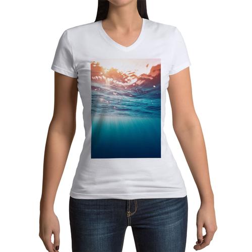 T-Shirt Femme Col V Rayons De Lumiere Sous L'eau Superbe Photo Ocean Mer Surf
