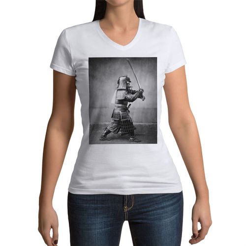 T-Shirt Femme Col V Samourai Photo Ancienne Japon Epee Vintage