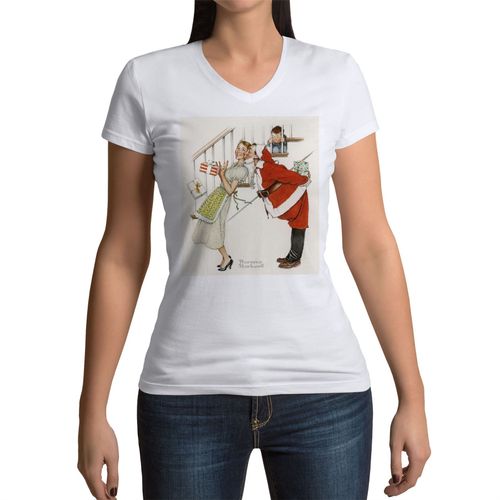 T-Shirt Femme Col V Pere Noel & Maman Noel Peinture Norman Rockwell